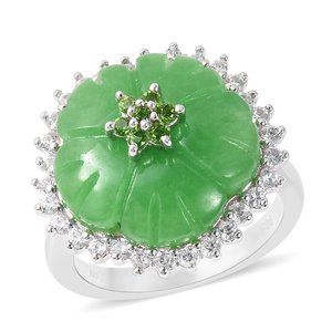 Green Jade, Russian Diopside & White Zircon Ring in 925 Sterling Silver